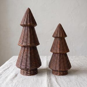 Rustic Christmas Tree Figurines Set of 2 Brown Resin Farmhouse Cottagecore Decor